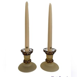 Retired PartyLite Paris Retro Amber Frosted Filigree Candlestick Pillar  Holders